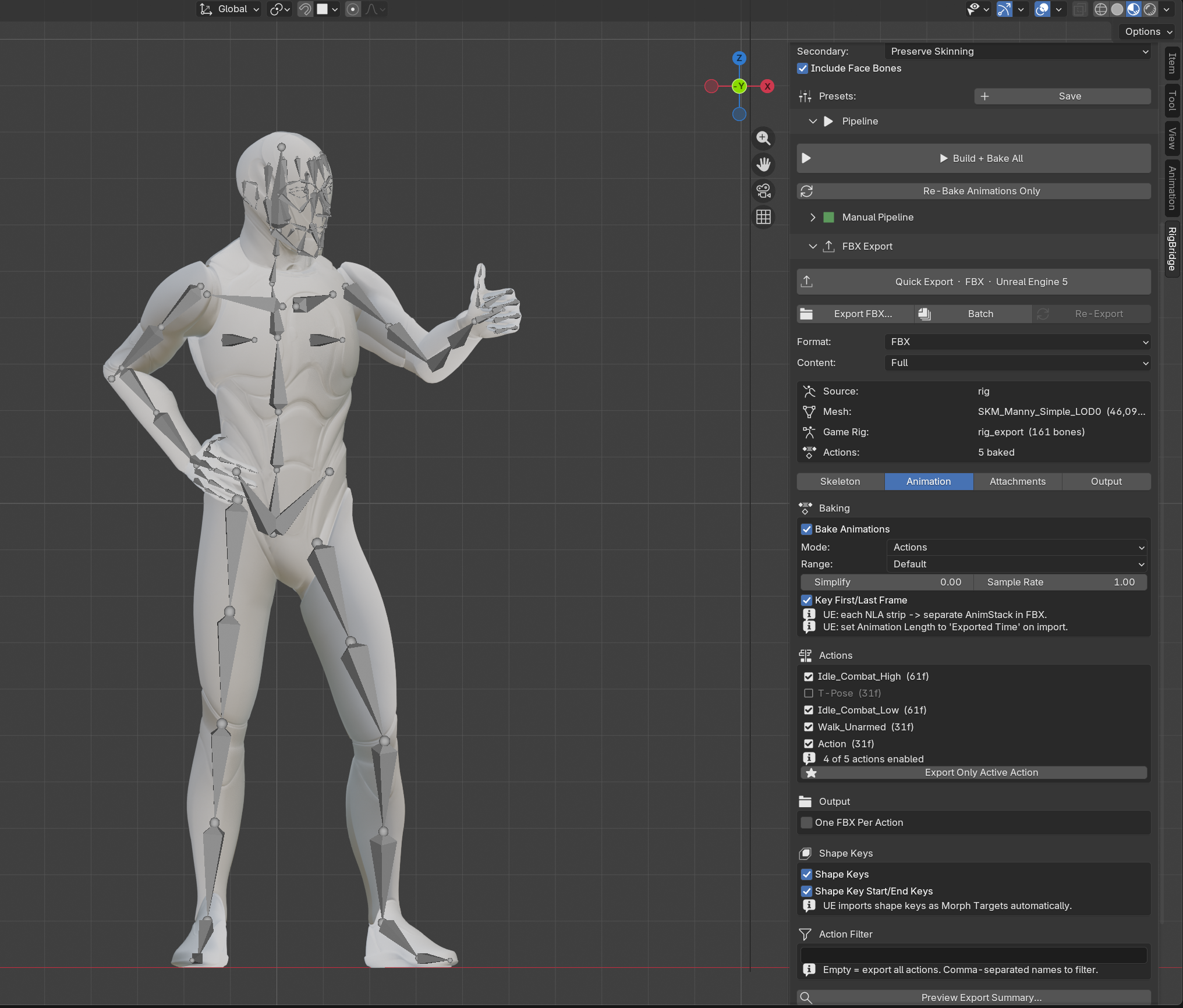 RigBridge Animation tab showing baked actions list, bake settings, and shape key options